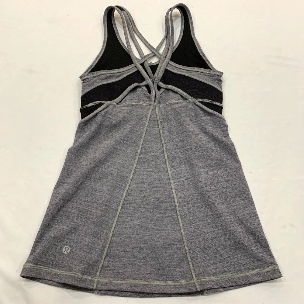 Lululemon Strap It Like It’s Hot Tank Gray Black Mesh Criss Cross Back Size 4